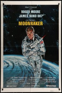 7r581 MOONRAKER style A int'l teaser 1sh 1979 art of Roger Moore as Bond in space by Goozee!