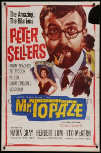 7r586 MR. TOPAZE 1sh 1962 close-up of bearded Peter Sellers w/cigar, Nadia Gray!