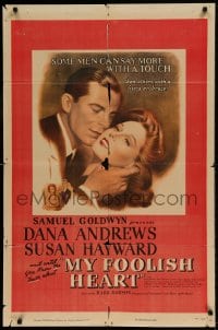 7r595 MY FOOLISH HEART 1sh 1950 romantic c/u of Susan Hayward & Dana Andrews, title song!
