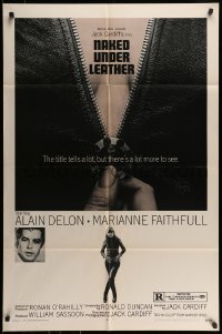 7r601 NAKED UNDER LEATHER 1sh 1970 Alain Delon, super c/u of sexy Marianne Faithfull unzipping!