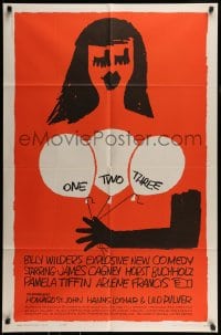 7r632 ONE, TWO, THREE 1sh 1962 Billy Wilder, wonderful Saul Bass art of girl with balloons!