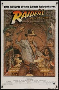 7r694 RAIDERS OF THE LOST ARK 1sh R1982 great art of adventurer Harrison Ford by Richard Amsel!