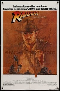 7r693 RAIDERS OF THE LOST ARK 1sh 1981 great art of adventurer Harrison Ford by Richard Amsel!