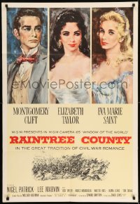 7r698 RAINTREE COUNTY 1sh 1957 art of Montgomery Clift, Elizabeth Taylor & Eva Marie Saint!