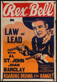 7r713 REX BELL 1sh 1940s cool art of cowboy on wild horse, Law and Lead, alive with action!