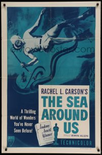 7r758 SEA AROUND US 1sh R1957 really cool art of diver fighting an eel!