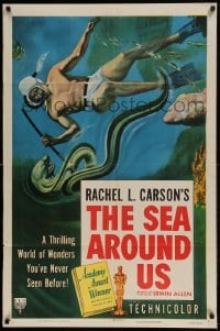 7r759 SEA AROUND US style A 1sh 1953 really cool art of diver fighting an eel!