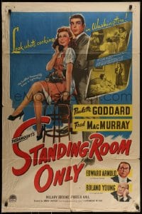 7r819 STANDING ROOM ONLY style A 1sh 1944 art of housemaid Paulette Goddard held by Fred MacMurray!