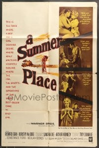 7r839 SUMMER PLACE 1sh 1959 Sandra Dee & Troy Donahue in young lovers classic, cool cast montage!