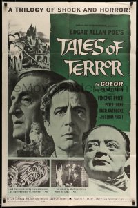 7r858 TALES OF TERROR 1sh 1962 great close images of Peter Lorre, Vincent Price & Basil Rathbone!