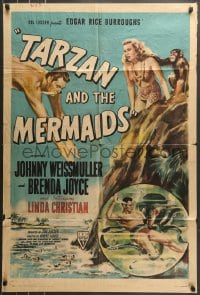 7r862 TARZAN & THE MERMAIDS style A 1sh 1948 art of Johnny Weissmuller diving & battling octopus!