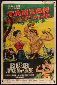 7r863 TARZAN & THE SHE-DEVIL 1sh 1953 great art of sexy Joyce MacKenzie whipping Lex Barker!