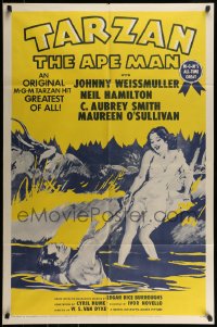 7r865 TARZAN THE APE MAN 1sh R1954 great art of Johnny Weismuller & Maureen O'Sullivan!
