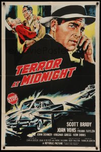 7r878 TERROR AT MIDNIGHT 1sh 1956 Scott Brady, Joan Vohs, film noir, cool car crash art!
