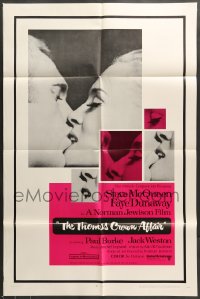 7r896 THOMAS CROWN AFFAIR 1sh 1968 best kiss close up of Steve McQueen & sexy Faye Dunaway!