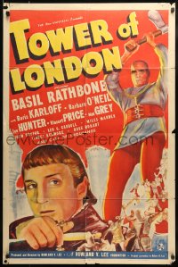 7r001 TOWER OF LONDON 1sh 1939 great art of executioner Boris Karloff & Basil Rathbone, rare!