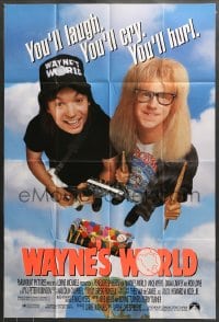 7r963 WAYNE'S WORLD 1sh 1991 Mike Myers, Dana Carvey, one world, one party, excellent!