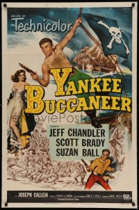 7r991 YANKEE BUCCANEER 1sh 1952 cool art of barechested pirate Jeff Chandler swinging on rope w/gun!