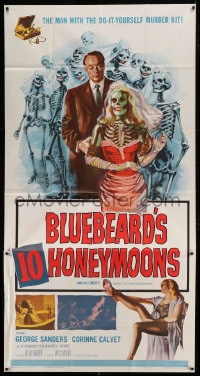 7t646 BLUEBEARD'S 10 HONEYMOONS 3sh 1960 wild art of George Sanders with skeleton brides!