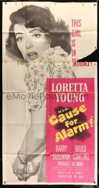 7t668 CAUSE FOR ALARM 3sh 1950 great huge close up image Loretta Young, and she is in trouble!