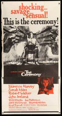 7t669 CEREMONY 3sh 1964 artwork of Laurence Harvey in front of firing squad, plus Sarah Miles!