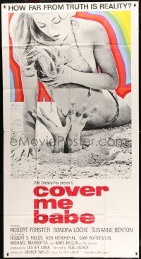 7t681 COVER ME BABE int'l 3sh 1970 wacky hands emerging from sand grabbing at sexy girl on beach!