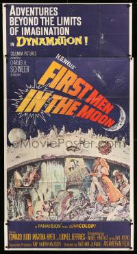 7t715 FIRST MEN IN THE MOON 3sh 1964 Ray Harryhausen, H.G. Wells, fantastic sci-fi art!
