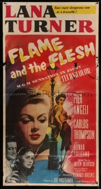 7t716 FLAME & THE FLESH 3sh 1954 artwork of sexy brunette bad girl Lana Turner, plus Pier Angeli!