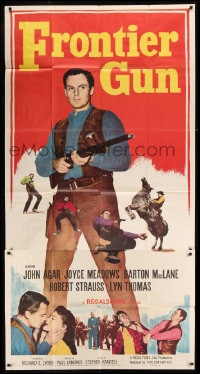 7t723 FRONTIER GUN 3sh 1958 art of John Agar pointing gun, Joyce Meadows, Barton MacLane!