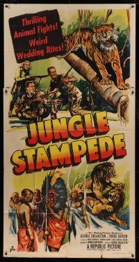 7t777 JUNGLE STAMPEDE 3sh 1950 cool artwork of wild jungle animals attacking + nude native!