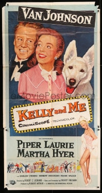 7t780 KELLY & ME 3sh 1957 art of Van Johnson, Piper Laurie, sexy Martha Hyer & dog by Reynold Brown!