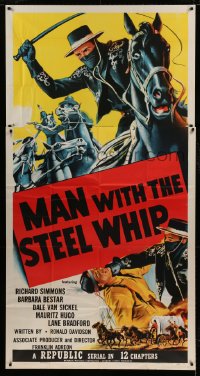 7t828 MAN WITH THE STEEL WHIP 3sh 1954 serial, cool art of masked hero on horse lashing his whip!