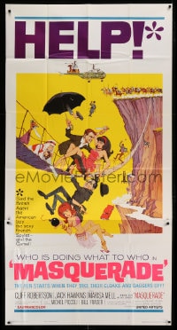7t834 MASQUERADE 3sh 1965 Cliff Robertson, Marisa Mell, great wacky Jack Rickard artwork!