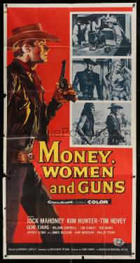 7t841 MONEY, WOMEN & GUNS 3sh 1958 cool full-length art of cowboy Jock Mahoney with revolver!