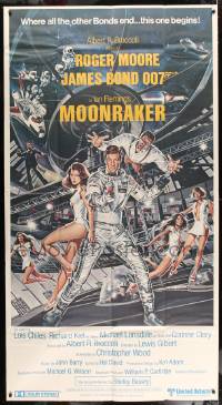 7t843 MOONRAKER 3sh 1979 art of Roger Moore as James Bond & sexy space babes by Daniel Goozee!