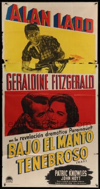 7t853 O.S.S. Spanish/US 3sh 1946 c/u of Alan Ladd with machine gun & with Geraldine Fitzgerald!
