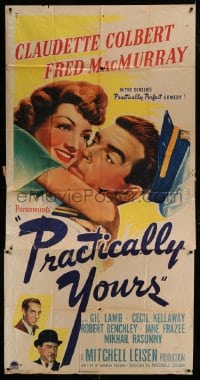 7t869 PRACTICALLY YOURS 3sh 1944 art of Claudette Colbert hugging Air Force pilot Fred MacMurray!
