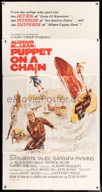 7t877 PUPPET ON A CHAIN 3sh 1972 Alistair MacLean novel, Sven-Bertil Taube, boat chase art!
