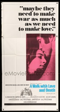 7t976 WALK WITH LOVE & DEATH int'l 3sh 1969 John Huston, Anjelica Huston romantic close up!