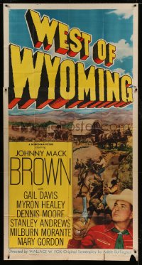 7t983 WEST OF WYOMING 3sh 1950 great image of Johnny Mack Brown with gun drawn by wagon train!