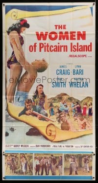 7t995 WOMEN OF PITCAIRN ISLAND 3sh 1957 James Craig lifting sexy Lynn Bari in swimsuit, South Seas!