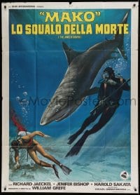 7t506 JAWS OF DEATH Italian 1p 1976 different artwork of giant shark attacking suba divers!