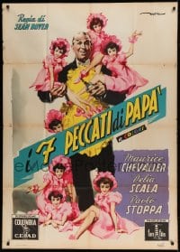 7t534 MY SEVEN LITTLE SINS Italian 1p 1954 DeSeta art of Maurice Chevalier in apron w/ tiny girls!