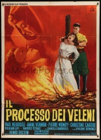 7t543 POISON AFFAIR Italian 1p 1955 wild artwork of woman being strangled & burned at the stake!