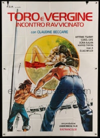 7t197 MARK Italian 2p 1977 Morini art of sexy near-naked couple & violent men fighting, Greek!