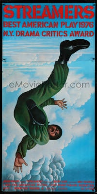 7w159 STREAMERS stage play 3sh 1976 Mike Nichols & Rabe, Paul Davis art of soldier freefalling!
