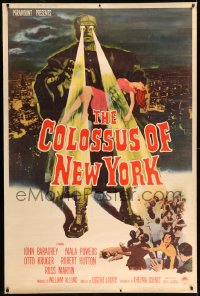 7w221 COLOSSUS OF NEW YORK 40x60 1958 art of robot monster holding sexy girl & attacking!