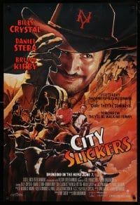 7w394 CITY SLICKERS advance 1sh 1991 great artwork of cowboys Billy Crystal & Daniel Stern!