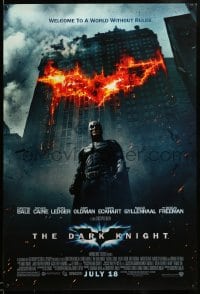 7w430 DARK KNIGHT advance 1sh 2008 Christian Bale as Batman, bat symbol in flaming building!
