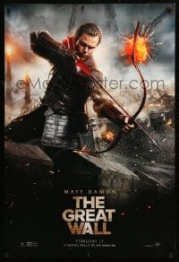 7w533 GREAT WALL teaser DS 1sh 2017 great close-up of Matt Damon, battle in the background!